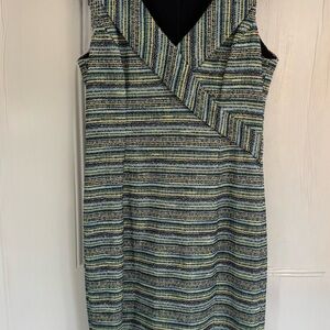 NWOT Badgley Mischka Blue/Green Metallic Tweed Knit V-Neck Sheath Dress